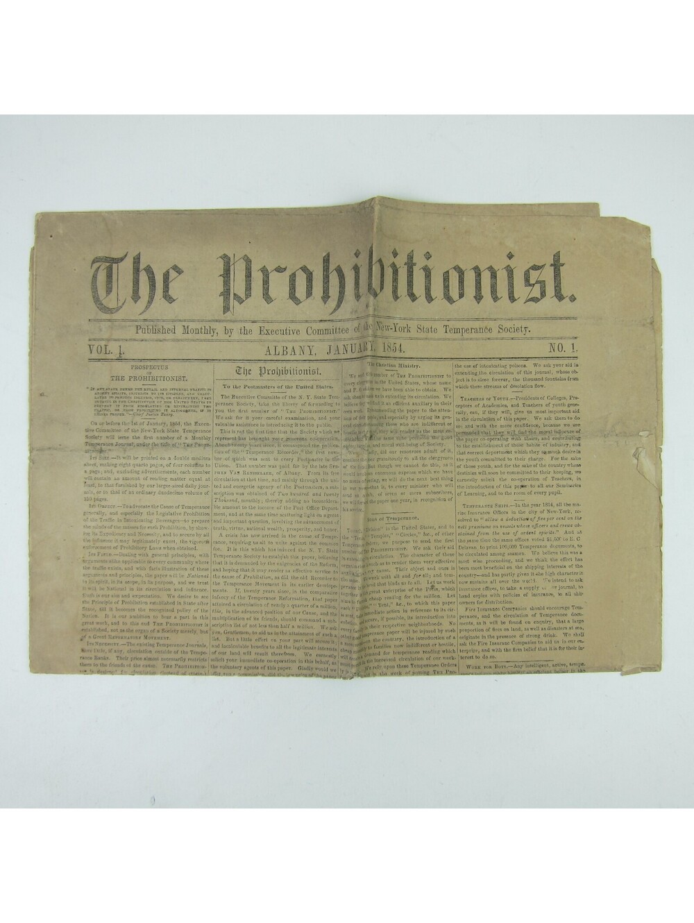 The Prohibitionist Newspaper New York Temperance Society #1 Antique 1854 RARE
